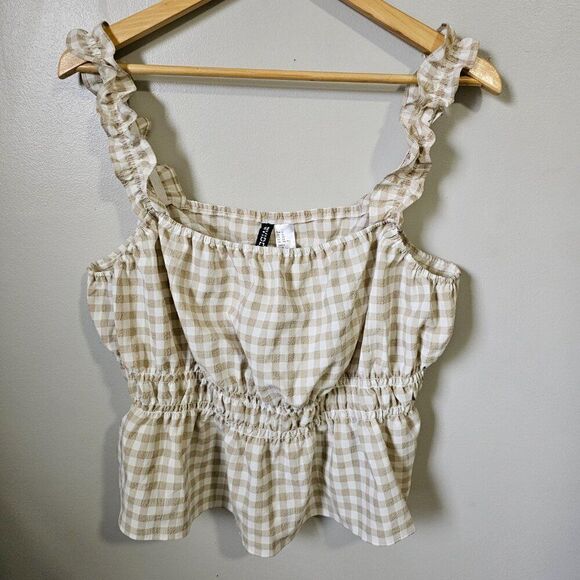 EUC H&M DIVIDED TAN / CREAM GINGHAM RUFFLED STRAP TANK TOP SIZE XL - Picture 1 of 13